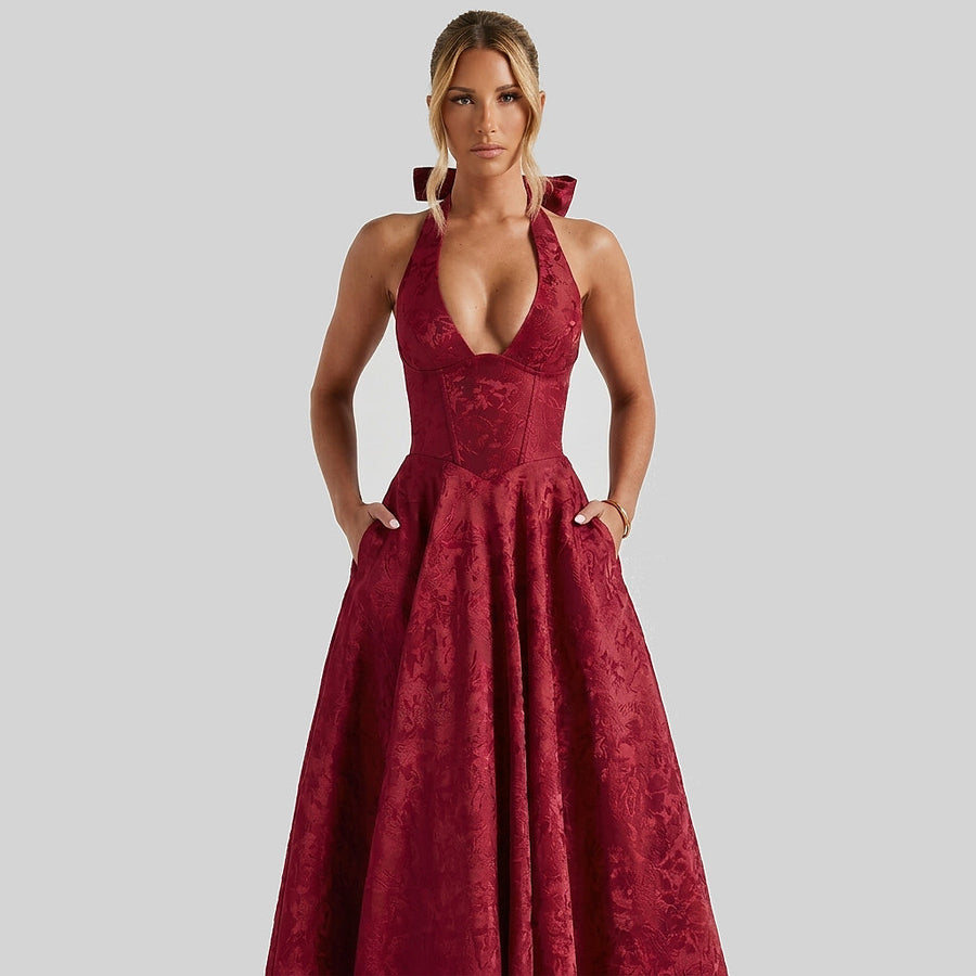 Damen Neckholderkleid mit Korsett Oberteil und Strukturmuster und Schleife am Nacken