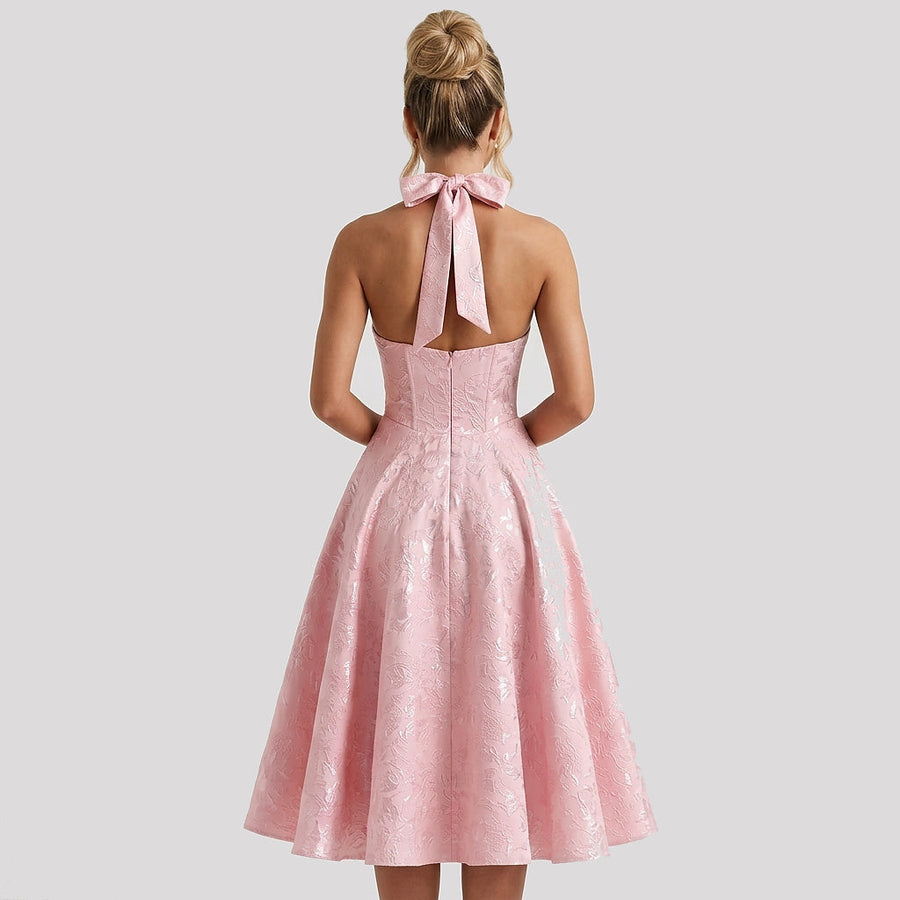 Damen Neckholderkleid mit Korsett Oberteil und Strukturmuster und Schleife am Nacken