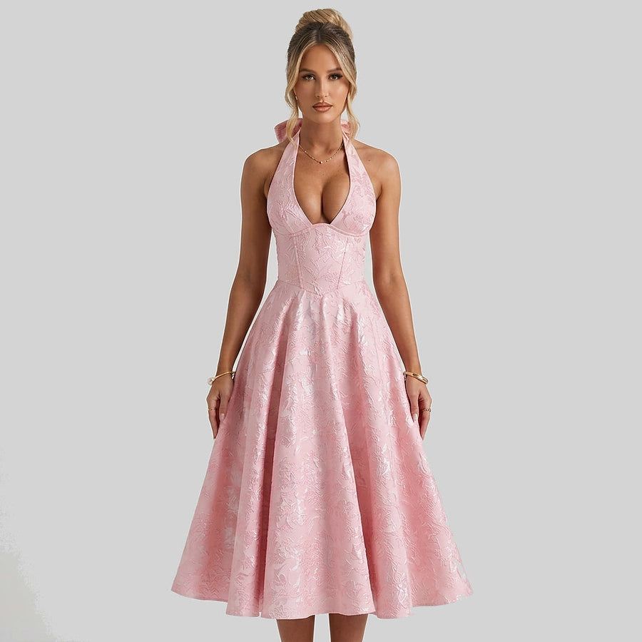 Damen Neckholderkleid mit Korsett Oberteil und Strukturmuster und Schleife am Nacken