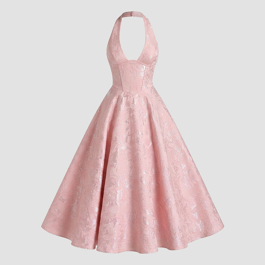 Damen Neckholderkleid mit Korsett Oberteil und Strukturmuster und Schleife am Nacken