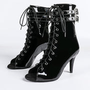 Damen Offene Ankle-Boots mit Schnürung, Riemen und Absatz