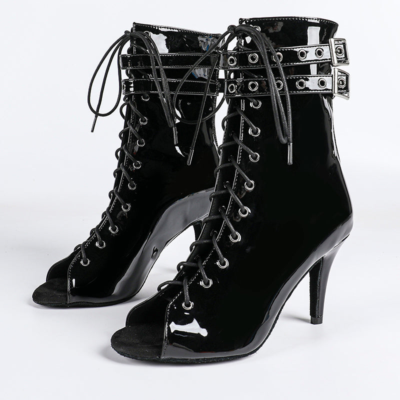 Damen Offene Ankle-Boots mit Schnürung, Riemen und Absatz