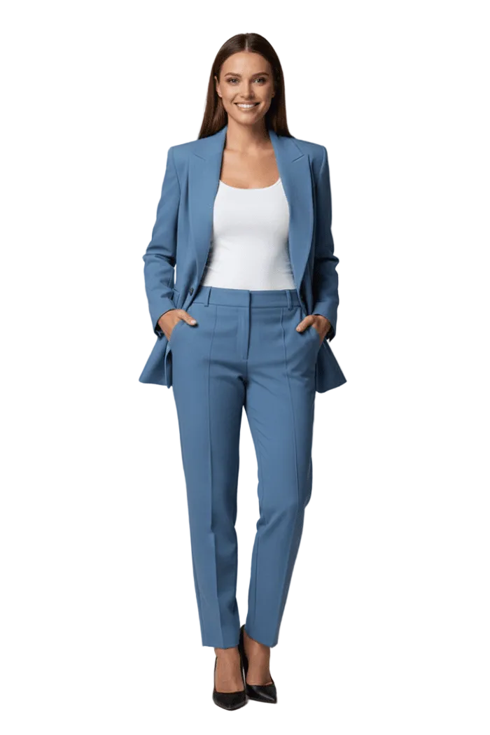 Damen-Outfit mit strukturierter Jacke und schmal geschnittener Hose