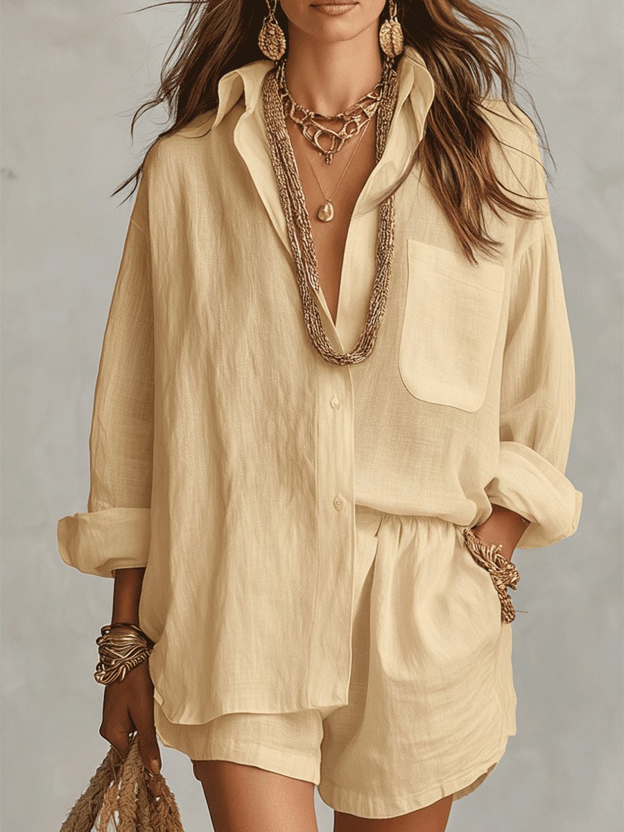 Marie | Damen Oversize Leinen Hemdkleid Shorts Set