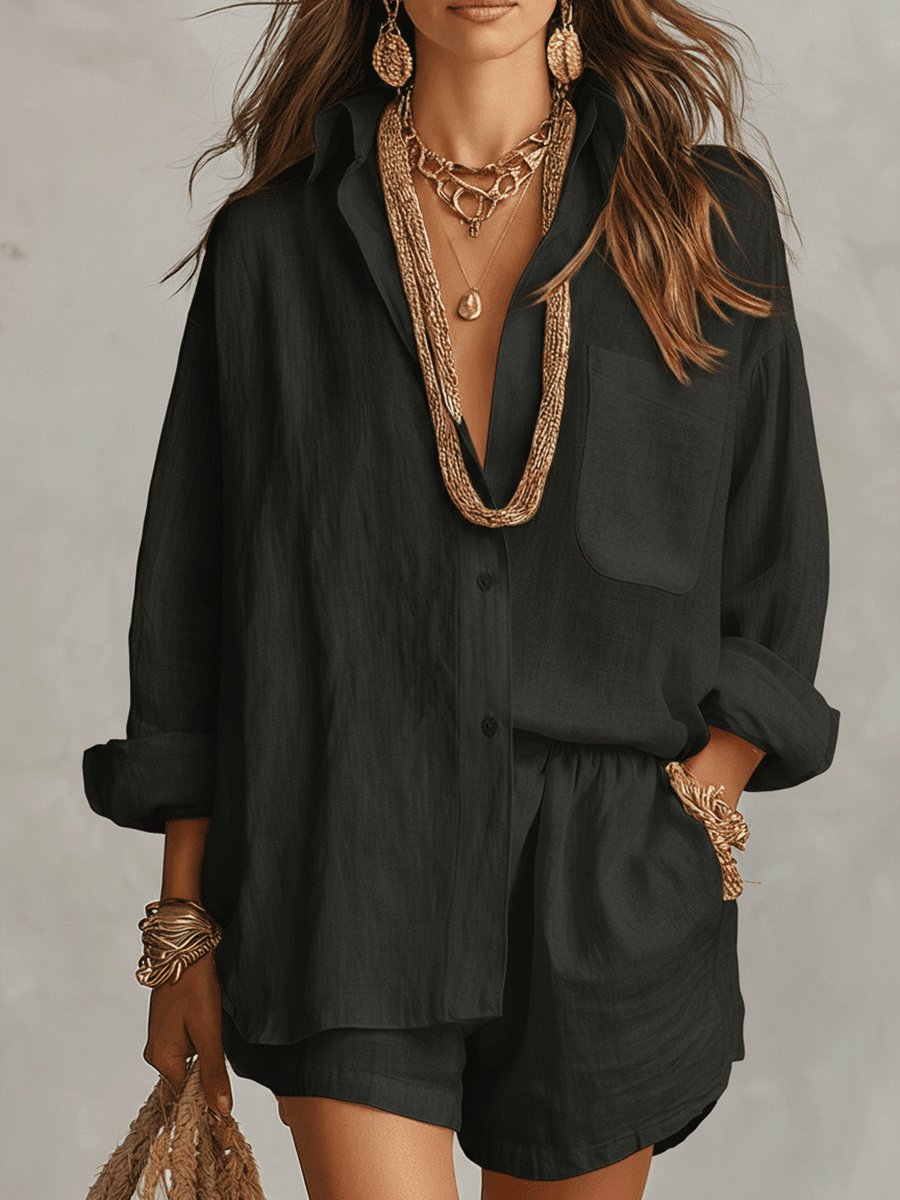 Marie | Damen Oversize Leinen Hemdkleid Shorts Set