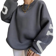 Damen Oversize Pullover mit Rundhalsausschnitt und Ärmeldruck