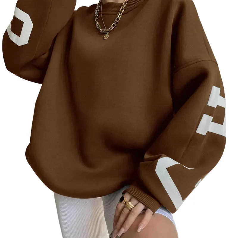 Damen Oversize Pullover mit Rundhalsausschnitt und Ärmeldruck