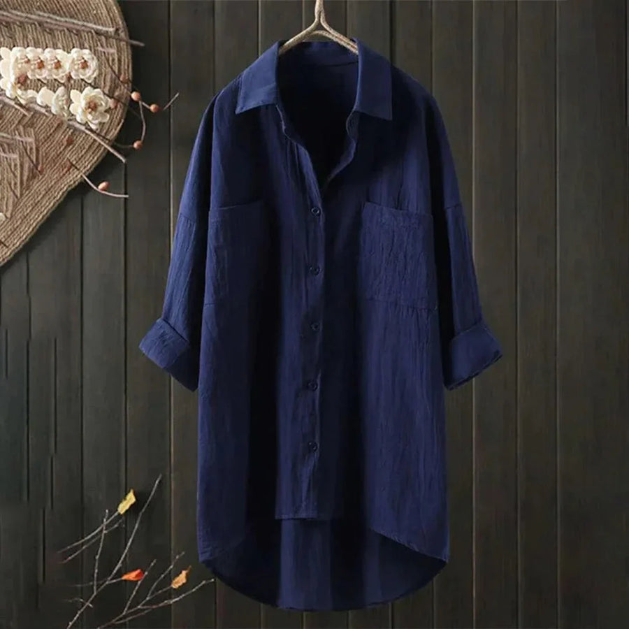Damen Oversized Bluse mit Brusttasche und Kurzarm