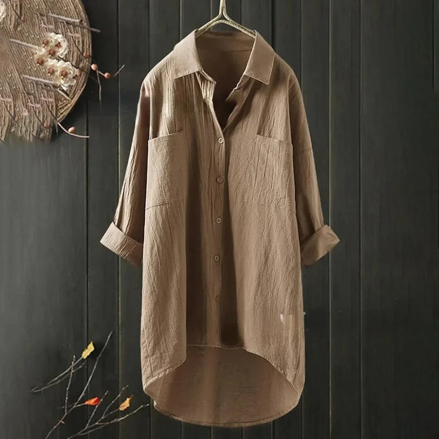 Damen Oversized Bluse mit Brusttasche und Kurzarm