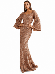 Damen Pailletten-Maxikleid mit V-Ausschnitt und Ausgestellten Ärmeln