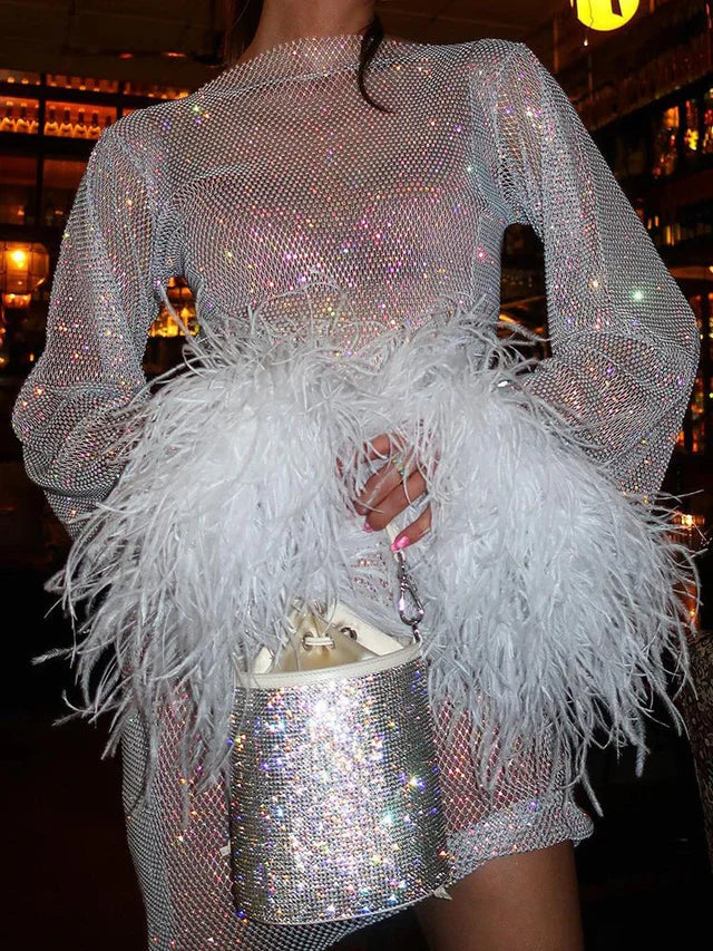 Damen Pailletten Minikleid mit Federbesatz