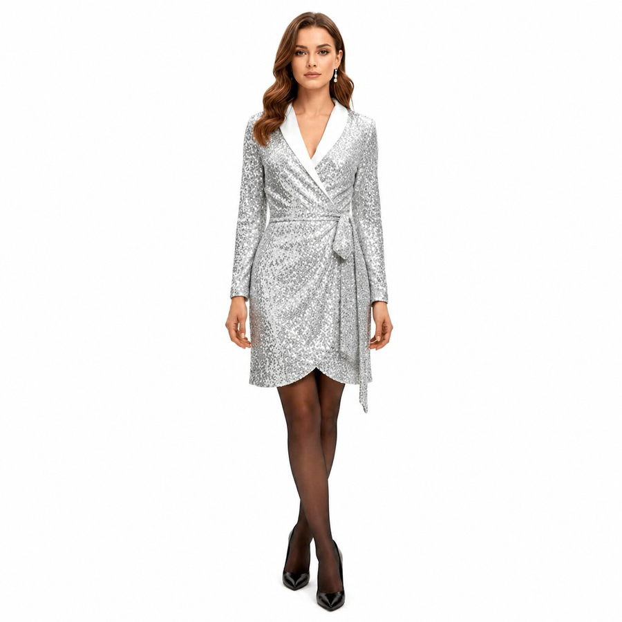 Damen Pailletten Wickelkleid Mini mit Schalkragen und Bindegürtel