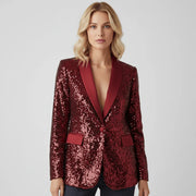 Damen Paillettenblazer mit Schalkragen und Ein-Knopf-Verschluss