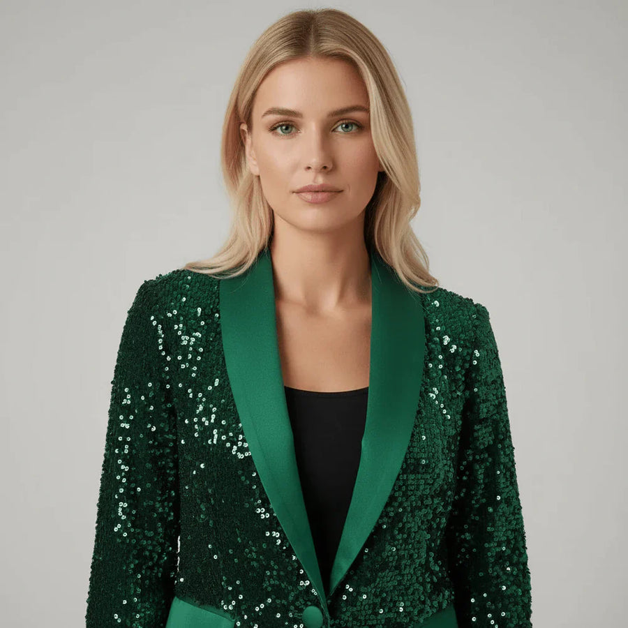 Damen Paillettenblazer mit Schalkragen und Ein-Knopf-Verschluss