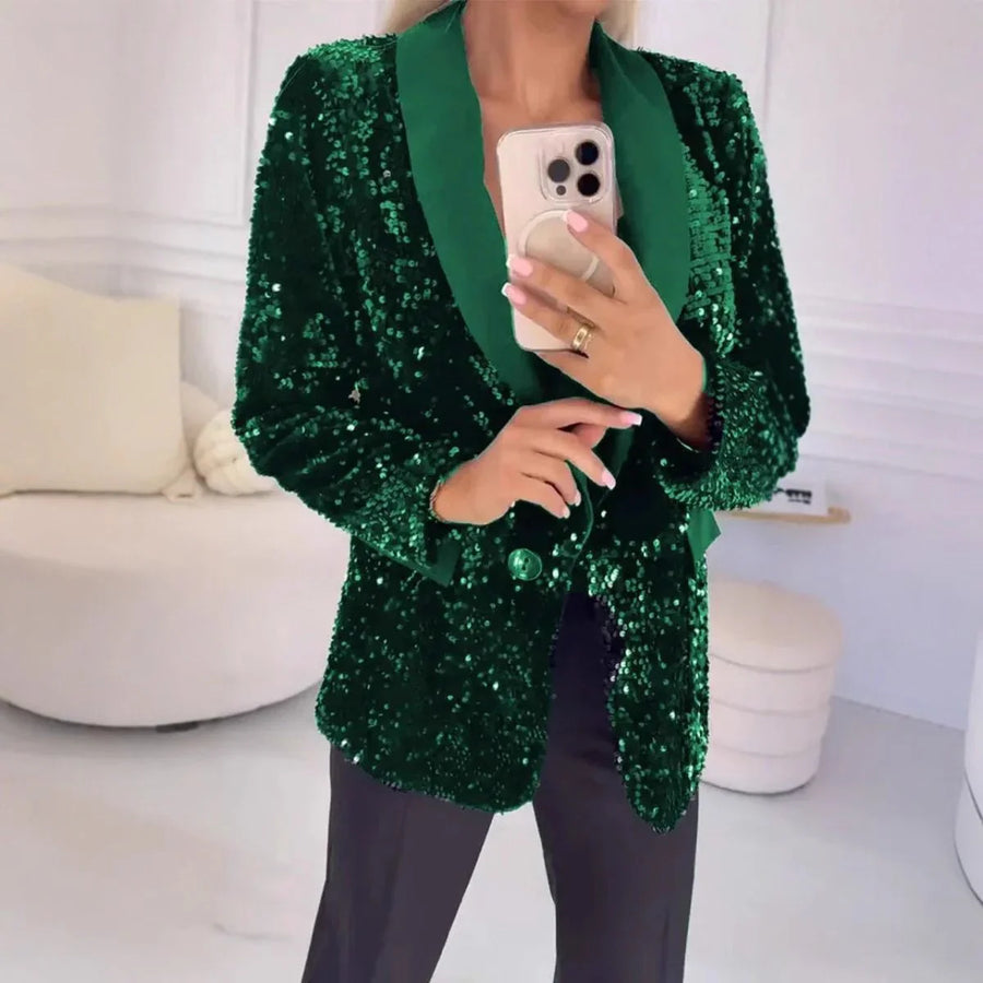 Damen Paillettenblazer mit Schalkragen und Ein-Knopf-Verschluss