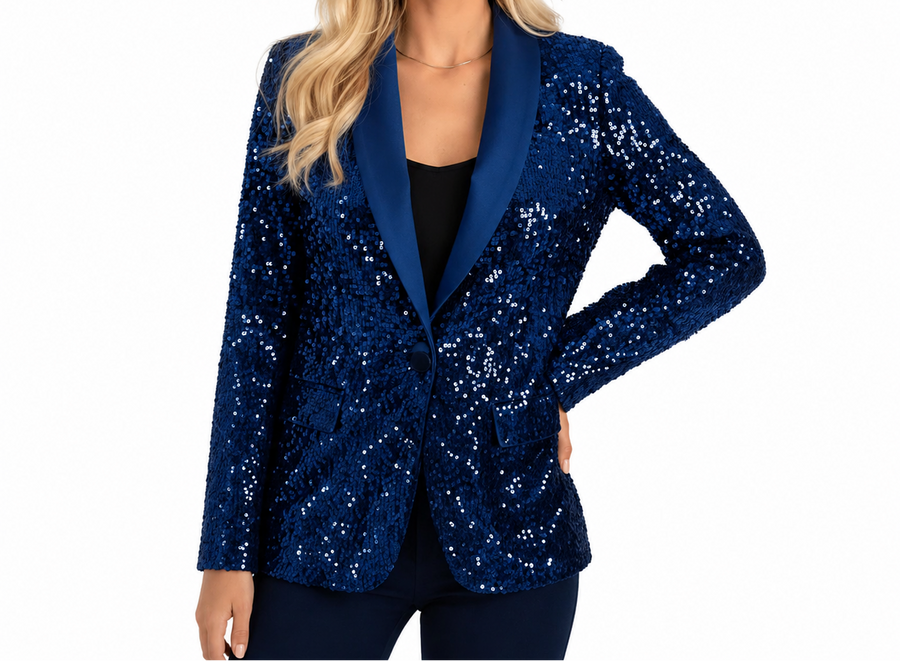 Damen Paillettenblazer mit Schalkragen und Ein-Knopf-Verschluss