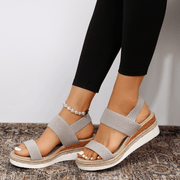 Damen-Plateau-Sandalen mit elastischen Riemen und Jute-Besatz