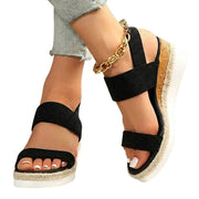 Damen-Plateau-Sandalen mit elastischen Riemen und Jute-Besatz