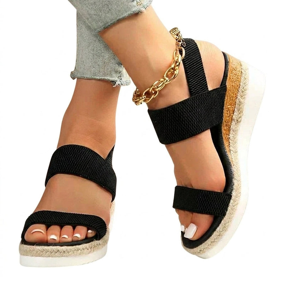 Damen-Plateau-Sandalen mit elastischen Riemen und Jute-Besatz