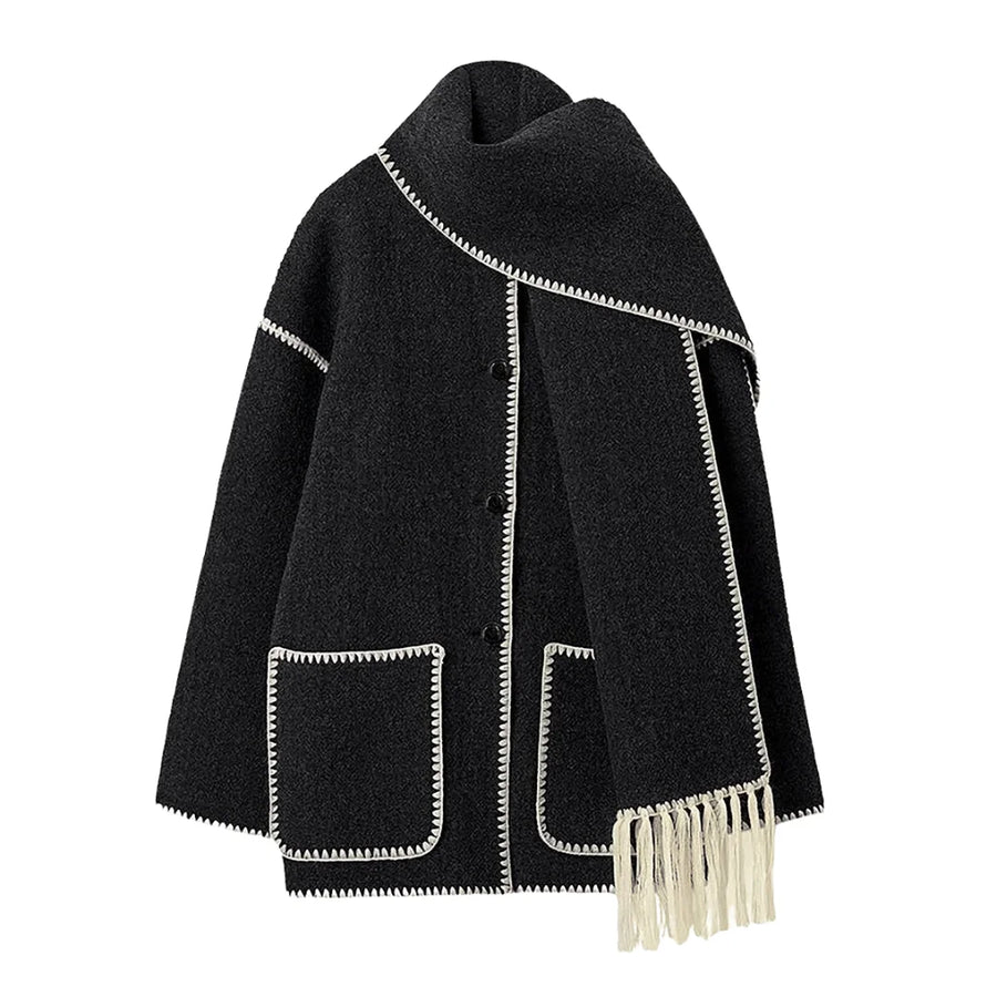 Kurze Damen Jacke mit Schal Fransen und Kontrastnähten