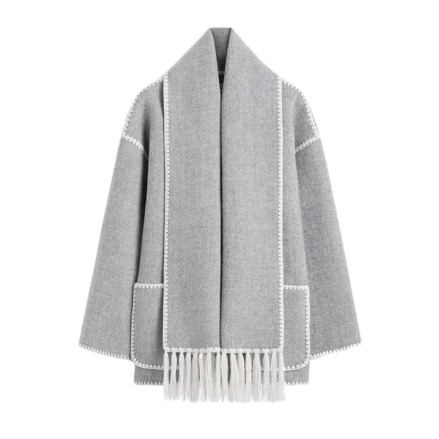 Kurze Damen Jacke mit Schal Fransen und Kontrastnähten