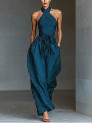 Lena | Damen Ärmellos Halterneck Leinen Jumpsuit Weites Bein