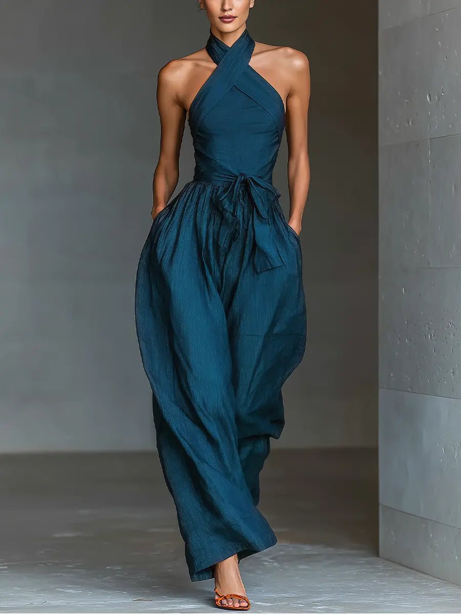 Lena | Damen Ärmellos Halterneck Leinen Jumpsuit Weites Bein