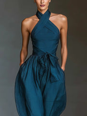 Lena | Damen Ärmellos Halterneck Leinen Jumpsuit Weites Bein
