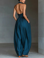 Lena | Damen Ärmellos Halterneck Leinen Jumpsuit Weites Bein