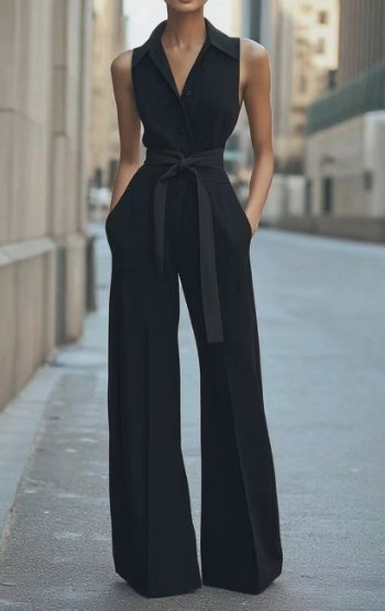 Hannah | Damen Ärmellos Weites Bein Jumpsuit Gürtel Formell