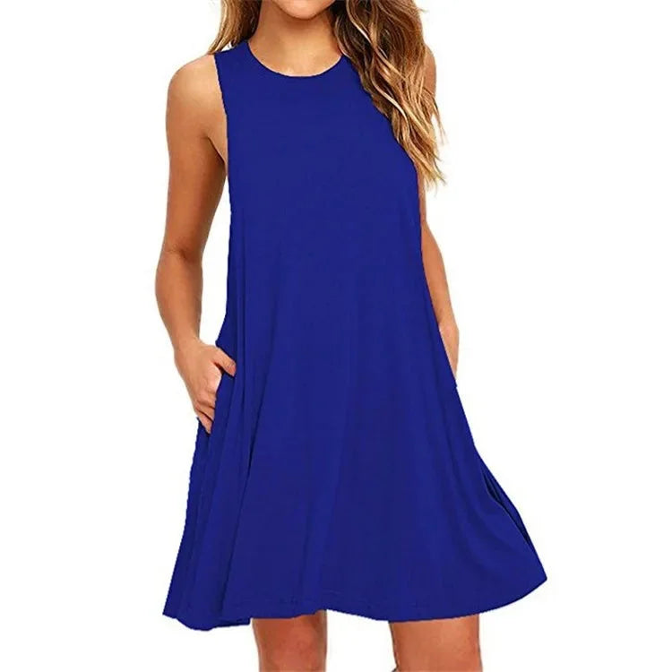 Damen Ärmelloses Swing-Kleid Rundhalsausschnitt Freizeitmode