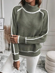 Damen Rollkragenpullover mit weißen Streifen in Grün