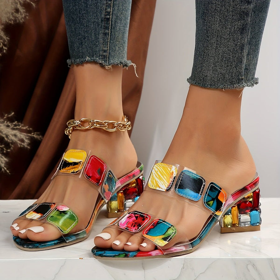 Hannah | Damen Sandalen Blockabsatz Offene Zehen Bunt Dekorativ