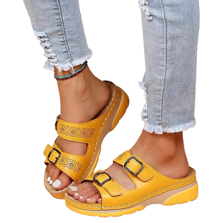 Damen Sandalen mit Doppelter Schnalle und Offener Spitze