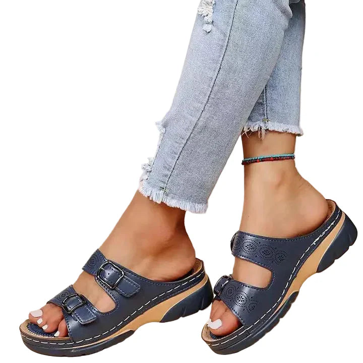 Damen Sandalen mit Doppelter Schnalle und Offener Spitze