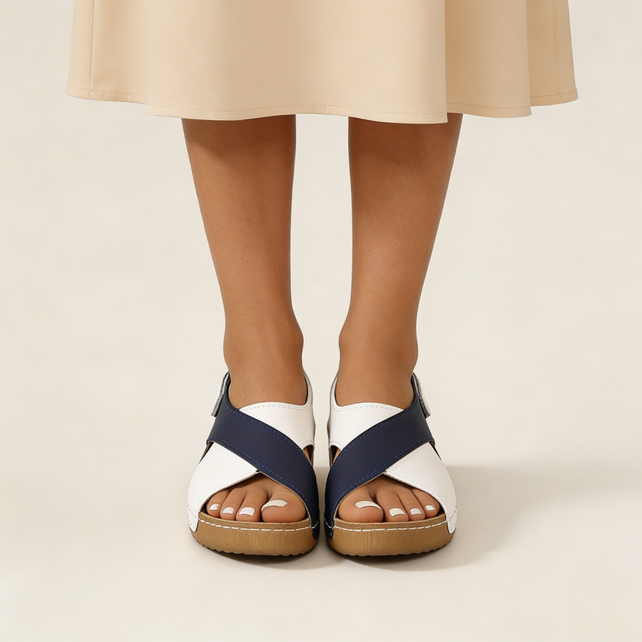 Damen-Sandalen mit Keilabsatz, offener Zehenpartie und Klettverschluss
