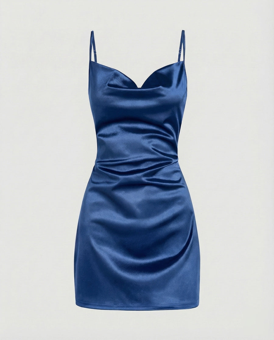 Damen Satin-Minikleid mit Wasserfallausschnitt