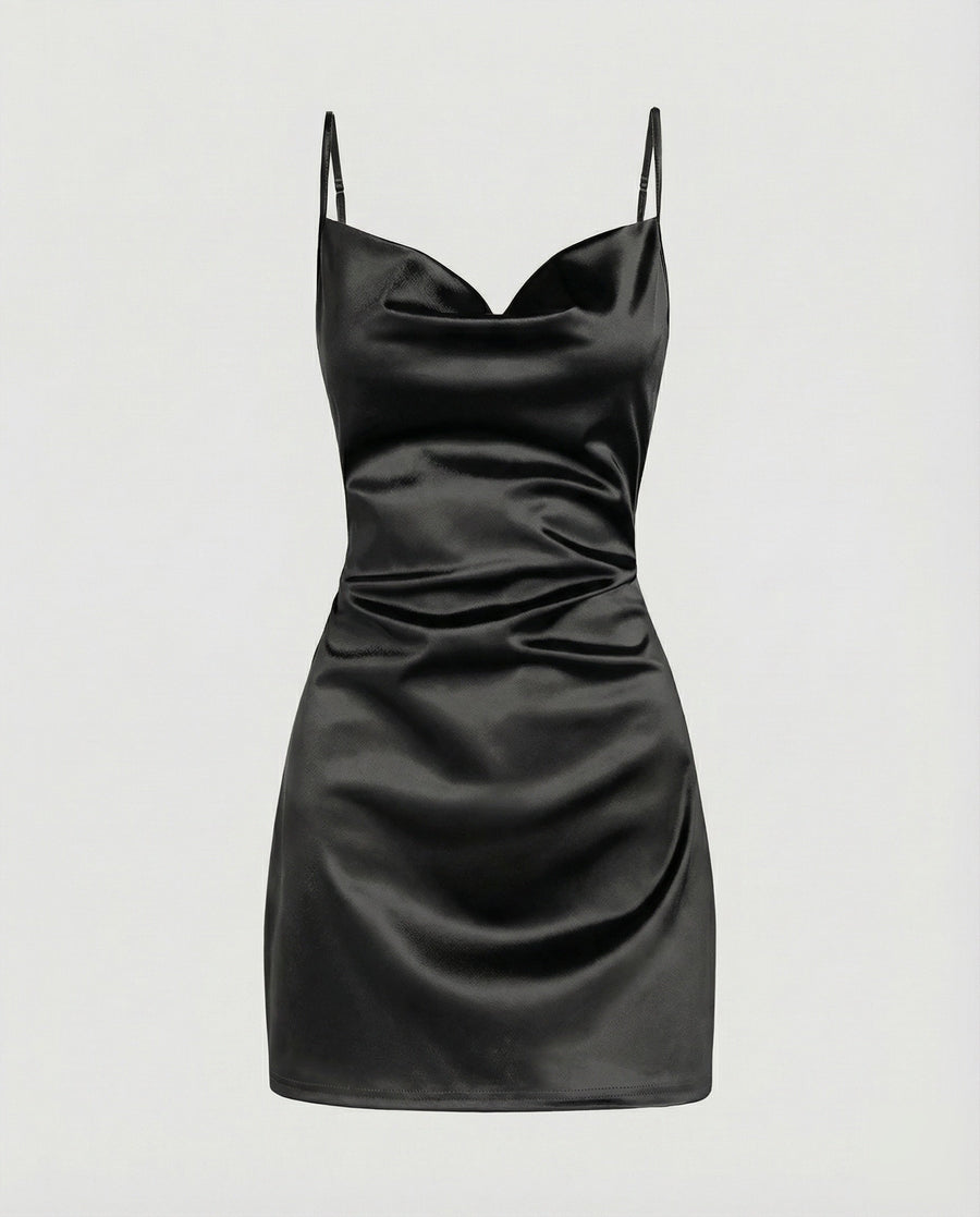 Damen Satin-Minikleid mit Wasserfallausschnitt