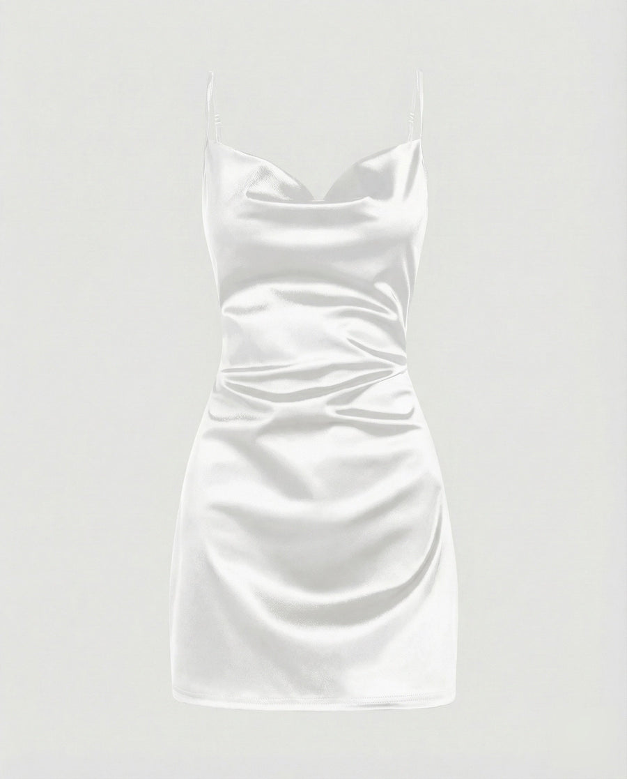 Damen Satin-Minikleid mit Wasserfallausschnitt