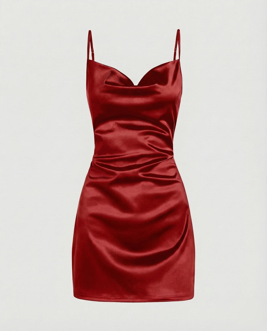 Damen Satin-Minikleid mit Wasserfallausschnitt