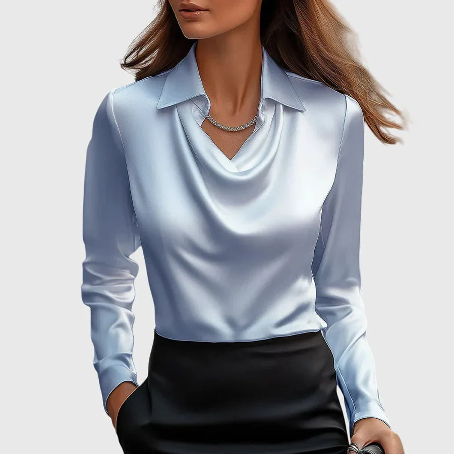 Damen Satinbluse mit Wasserfallausschnitt und Langarm
