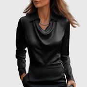 Damen Satinbluse mit Wasserfallausschnitt und Langarm