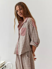 Damen Schlafanzug-Set mit Knopfhemd und elastischer Bundhose