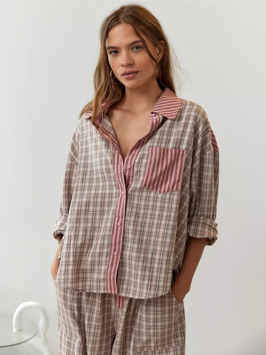 Damen Schlafanzug-Set mit Knopfhemd und elastischer Bundhose