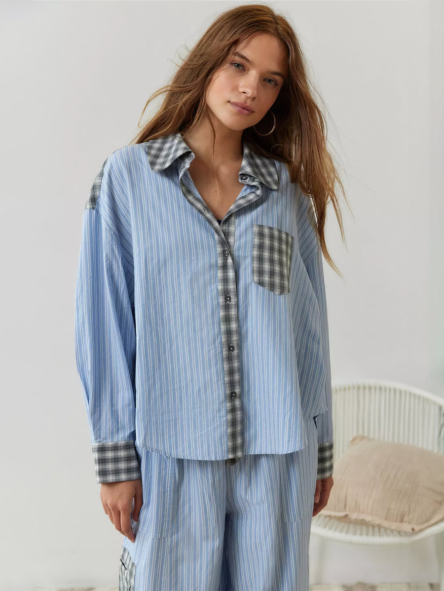 Damen Schlafanzug-Set mit Knopfhemd und elastischer Bundhose
