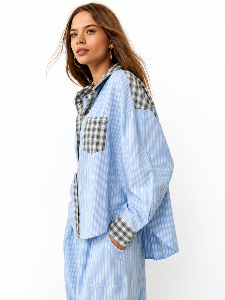 Damen Schlafanzug-Set mit Knopfhemd und elastischer Bundhose