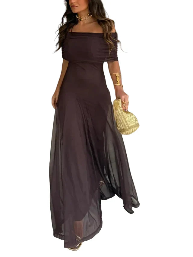 Damen Schulterfreies Maxikleid mit gerafftem Oberteil und langem Rock