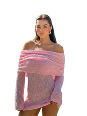 Damen Schulterfreies Minikleid mit langen Ärmeln und drapiertem Ausschnitt