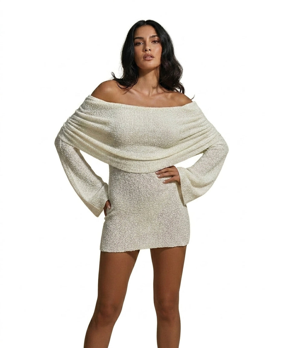 Damen Schulterfreies Minikleid mit langen Ärmeln und drapiertem Ausschnitt