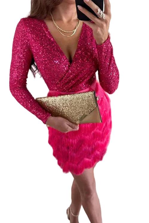 Damen Schwarzes Pailletten-Minikleid mit Federrock